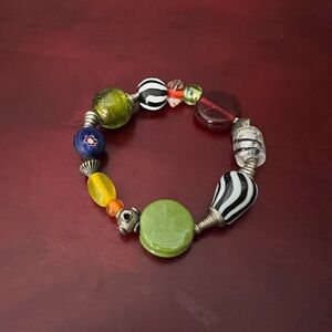 VINTAGE Multicolor Glass Stretch Bracelet Art Beads Metal artisan lovely heavy
